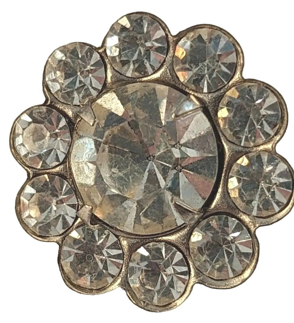 3 Vtge Rhinestone Buttons 7/8" Curved Shanks Clear On Silver Color